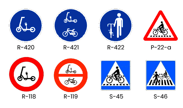 Señales de tráfico de la DGT (R-420, R-421, R-422, R-118, R-119, S-45, S-46, P-22-a)
